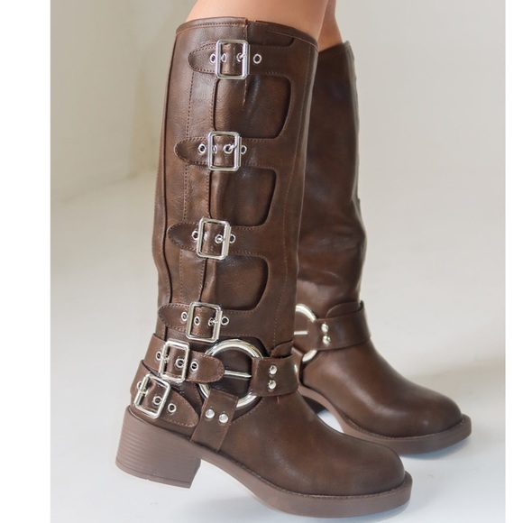 BROWN BROWN MOTO COMBAT BIKER BUCKLE BOOTIES - Picture 3 of 9